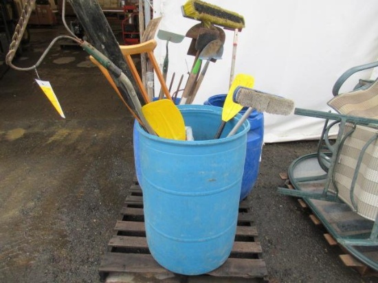 (3) PLASTIC BARRELS OF ASSORTED WOOD HANDLE GARDEN TOOLS