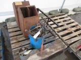 ASSORTED HARDWARE, METAL STAND & (2) WOOD CRATES
