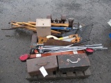 PALLET OF ASSORTED HAND TOOLS, HAND SAWS, GOLD BLUS, SHOVELS & AXES