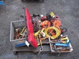 PALLET OF ASSORTED EXTENSION CORDS, WORK LIGHTS, HAND TOOLS & MECHANICS CREEPER