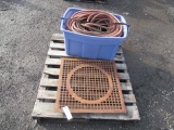 TOTE OF ASSORTED GARDEN HOSES AND METAL SQUARE GATE