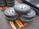 (5) MISMATCHED 225/75R15 TRAILER TIRES ON 6 LUG WHEELS