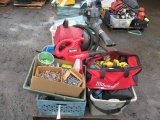 PALLET OF ASSORTED HAND TOOLS, TOOL BOXES, POWER TOOLS & HARD WARE