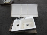 DOUBLE PORCELAIN SINK W/ FAUCET & SPRAYER & NUTONE HERITAGE INDUSTRIAL HOOD VENT *NO FAN