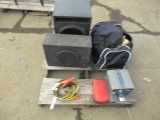 (3) VEHICLE AUDIO AMPLFIERS, (2) SUBWOOFERS, HEAD PHONES, KEY CHAIN, FLASHLIGHTS & JUMPER CABLES