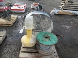 ELECTRIC SHOP FAN, ELECTRIC CENTER POD WORK LIGHT, WOOD REEL OF STEEL CABLE