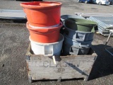 WOODCRATE W/ (10) PLASTIC TRASH CANS & (2) PLASTIC BARREL CONES