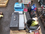 ASSORTED HARDWARE, BOLTS, NUTS, SCREWS, SOCKETS, DRILL BITS & (3) JUMP BOXES