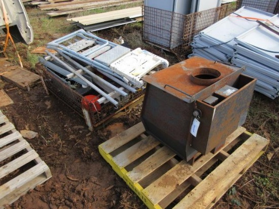 WIRE METAL CRATE W/CONTENTS & PALLET STOVE