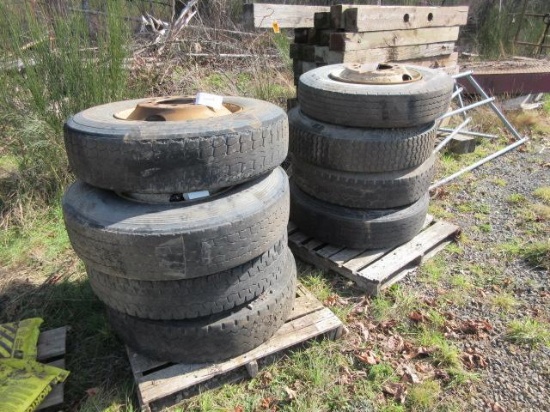 (8) 11R22.5 TIRES ON 10 LUG STEEL WHEELS
