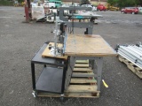 34 X 26 X 27 PORTABLE WORK BENCH (HOMEMADE), DRILL PRESS W/ CRAFTMANS CORDED DRILL 3/8 VARABLE SPEED