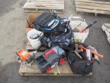 ASSORTED HAND TOOLS, PNEUMATIC TOOLS, STRAPS, SCREW DRIVERS, RATCHETS, SOCKETS, TENT, TIRE CHAINS,
