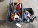 ASSORTED POWER TOOLS, HAND TOOLS, JUMPER CABLES, EXTENSION CORDS, SOCKETS, WRENCHES & CLAMPS