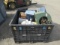 PLASTIC CRATE W/ ASSORTED HAND TOOLS, FAN, PVC FITTINGS, SPOOL OF WIRE & MISC ITEMS