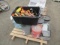 BIN OF RATCHET STRAPS, GEAR OIL, HYDRAULIC OIL & INSTAPACK QUICK FOAM PACKAGING WARMER