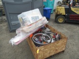 WOOD CRATE W/ POWER TOOLS, AIR TANK, MICROWAVE HARDWARE & MISC ITEMS