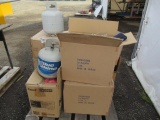 ASSORTED BOXES OF BACK BRACES, ONE BOX OF CUBBY STORAGE BINS & (2) PROPANE TANKS