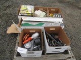 BOX OF C CLAMPS, RACHET STRAPS, NAIL GUN, SHOP LIGHTS, ROLL OF PLASTIC SHEETING, & SAUDER GUN