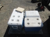 (3) ASSSORTED COLEMAN COOLERS & (2) FISHING RODS