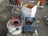 (2) 10 LUG WHEELS, (4) CRATES OF ASSORTED TIE DOWN STRAPS, (2) UNKOWN MAKE ELECTRIC FUEL TRANSFER