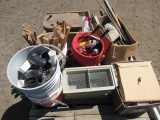 ASSORTED TOOLS, PLUMBING PIPES, STAKES, ELECTRIC RECEPTICALS, ASSORTED METALS