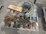 EVERCRAFT CAR JACK 3 1/2 TONS, AIR HOSE, WATER HOSE, 8 CHAIN BINDERS, MISC CHAINS, HORSESHOE GAME