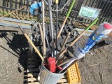 ASSORTED YARD TOOLS, ROLLING CART, JACK STANDS