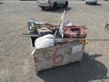 WOOD CRATE W/ ASSORTED YARD TOOLS, SHOVELS, PICK AXES, AXES, SCRAPERS