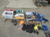 ASSORTED PAINTBALL EQUIPMENT (GUNS, PAINTBALLS, HELMETS, CYLINDERS), LIFE VESTS, FLIPPERS & YARD