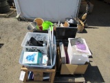 ASSORTED TOTES, BUCKETS, WOOD CRATE, HOUSEHOLD DECOR