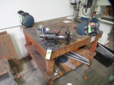 WOOD BENCH W/VISE & (2) BENCH GRINDERS