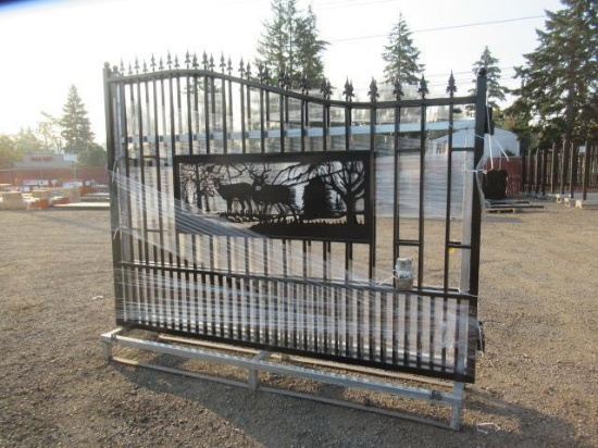 2022 GREATBEAR 20' BI-PARTING WROUGHT IRON GATE W/ RECTANGLE DEER ARTWORK (UNUSED)