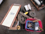 (2) JACK STANDS, (7) LAWN MOWER WHEELS, MECHANIC CREEPER, ASSORTED WIRING, LAWN MOWER TIRE, ASSORTED