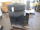 (2) SNOW STUDDED TIRES, METAL CABINETS, (2) TOOL BOXES, ASSORTED TOOLS & LAWN MOWER PARTS