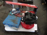TABLE, LADDER, MAINTENANCE FREE PUMP, PAINT SPRAYER, ASSORTED AIR HOSES/EXTENSION CORDS, ORECK XL