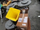 (3) TRASH CAN WHEELS, WET FLOOR SIGN, (4) BOXES OF BINDERS, (2) BOXES OF MASKS