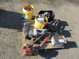 ASSORTED MILWAUKEE BATTERIES, ASSORTED METAL PIPING, (3) AIR POWERED NAIL GUNS, CAR AMP, WEED EATER