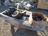 MATERIAL CART W/ ASSORTED CASTERS, CONVEYOR PARTS, & HOIST TROLLEY
