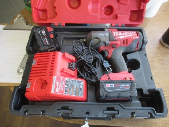 MILWAUKEE M18 1/2'' DRIVE IMPACT WRENCH W/ (2) BATTERIES, CHARGER & CASE