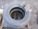 (2) 295/75R22.5 TIRES, (2) WHEEL CHOCKS & (2) CLEVICES