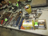 TABLE OF ASSORTED HAND TOOLS - DRILL, BITS, GREASE GUNS, AIR COMPRESSORS