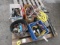 TRAILER HITCH, ASSORTED TOOLS & HARD HATS, EXTENSION CORD, JUMPER CABLES, & SKATEBOARD