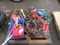 CAR JACK, HOSE, SHOVEL, AXE, BOW & ARROWS, (3) GAS CANS, & ASSORTED TOOLS
