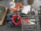 BRICK TILE SAW, REHAU CRIMPER, DRYWALL SANDER, FLOOR JACK, (2) SAWS, STAPLER, BUCKET W/ TOOLS, &