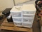 PLASTIC CONTAINERS W/ APPROX (20) UNUSED CANS, ASSORTED LABELS/CLIP BOARDS/FILLED GLASS BOTTLES, &