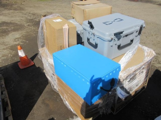 PALLET OF ASSORTED STORAGE BOXES, PELICAN STORAGE BOXES, & LUGGAGE