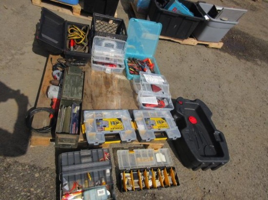 ASSORTED WRENCHES/JUMP CABLES/COMPUTER CONNECTORS/NAILS FOR NAIL GUNS, OIL PAN & RIGHT ANGLE DRILL