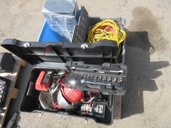 ASSORTED EXTENSION CORDS, SORTING BIN, LIGHTS, & SOCKET SET