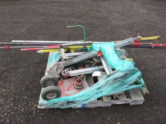 CORE DRILL BASE, GREENLEE POWER TOOL, WIRE REEL, & ASSORTED RIDGID DIES/CORE DRILL BITS/LADDER