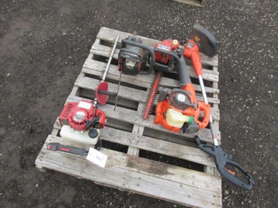 TROYBILT CHAINSAW, HOMELITE HEDGE TRIMMER, HUSQVARNA BLOWER, LITTLE WONDER GAS TRIMMER, & B&D WEED